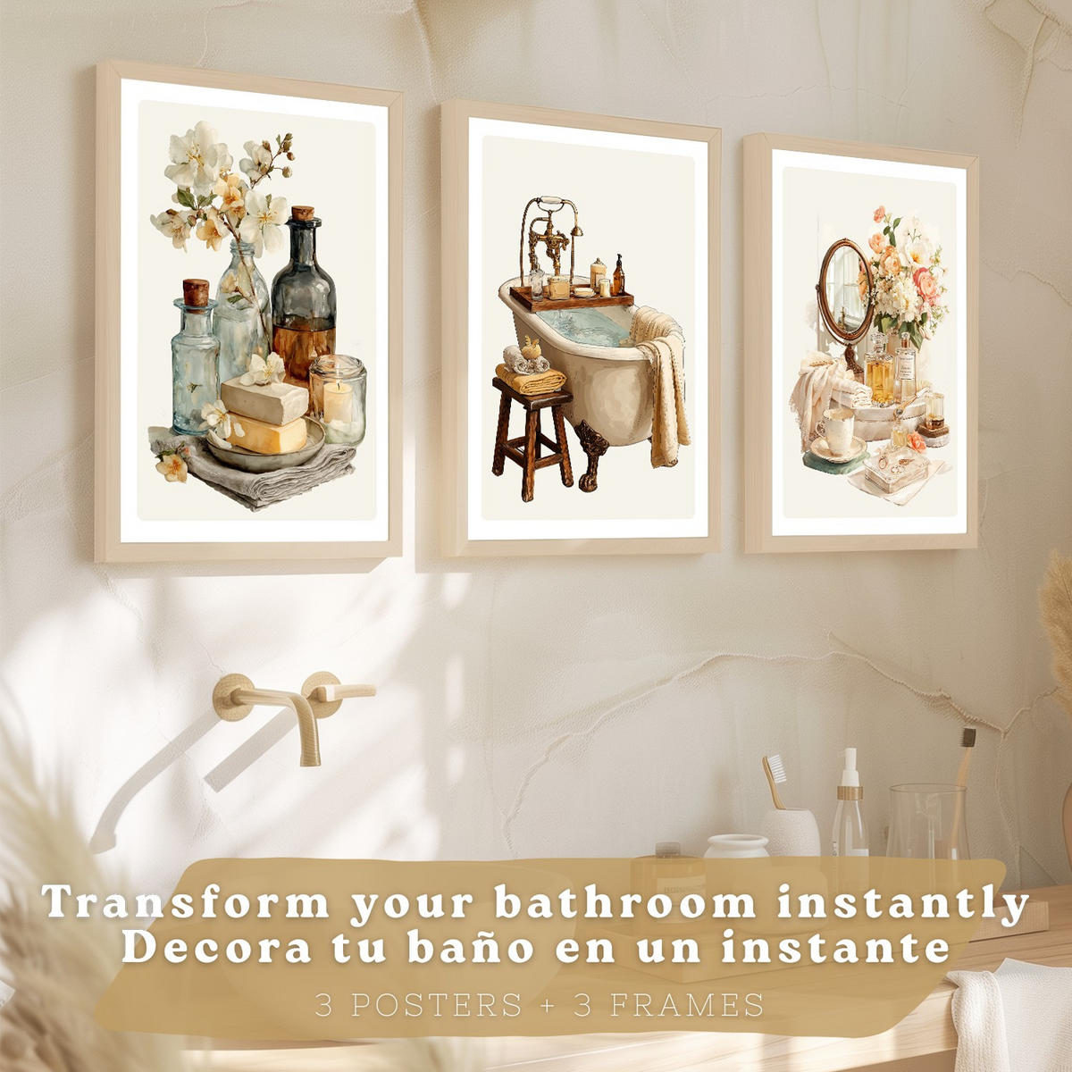 POSTER 3er-Set dekorative Badezimmer-Wandbilder und, Vintage-Stil für Waschbecken, Dusche, WC mit Badewanne, Blumen und Spiegel Leichter Holzrahmen A3 - Beige, Papier (42/29.7/3cm) - Nacnic