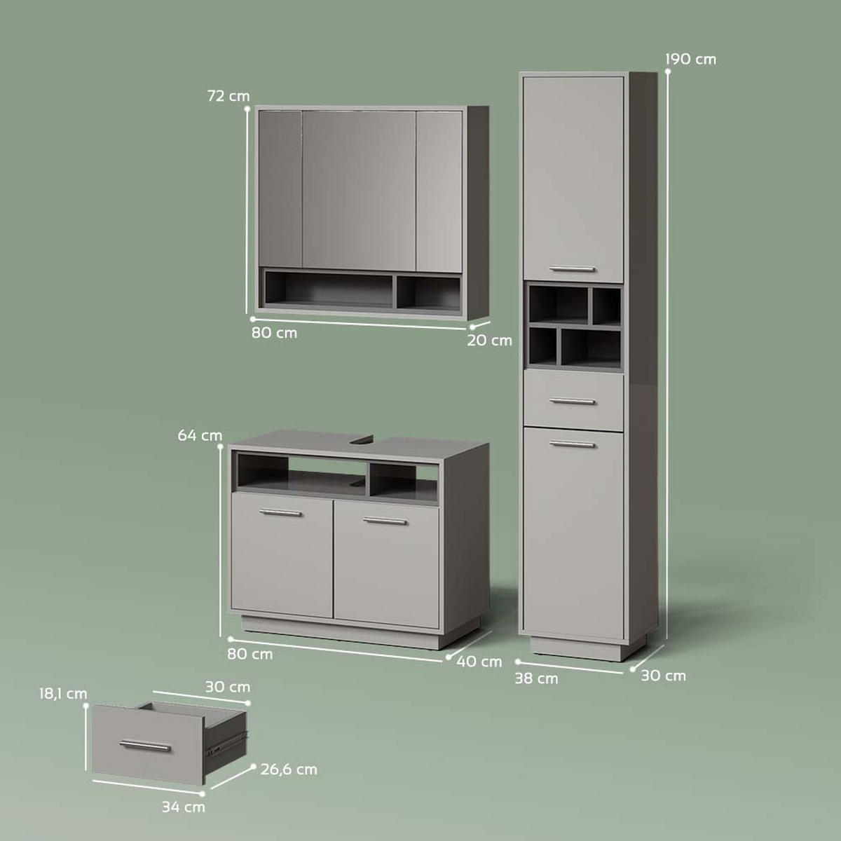 BADMÖBEL-SET Temo Grau 3 Teile, mit Hochschrank - Anthrazit/Grau, Holzwerkstoff (80/64/40cm) - Livinity®