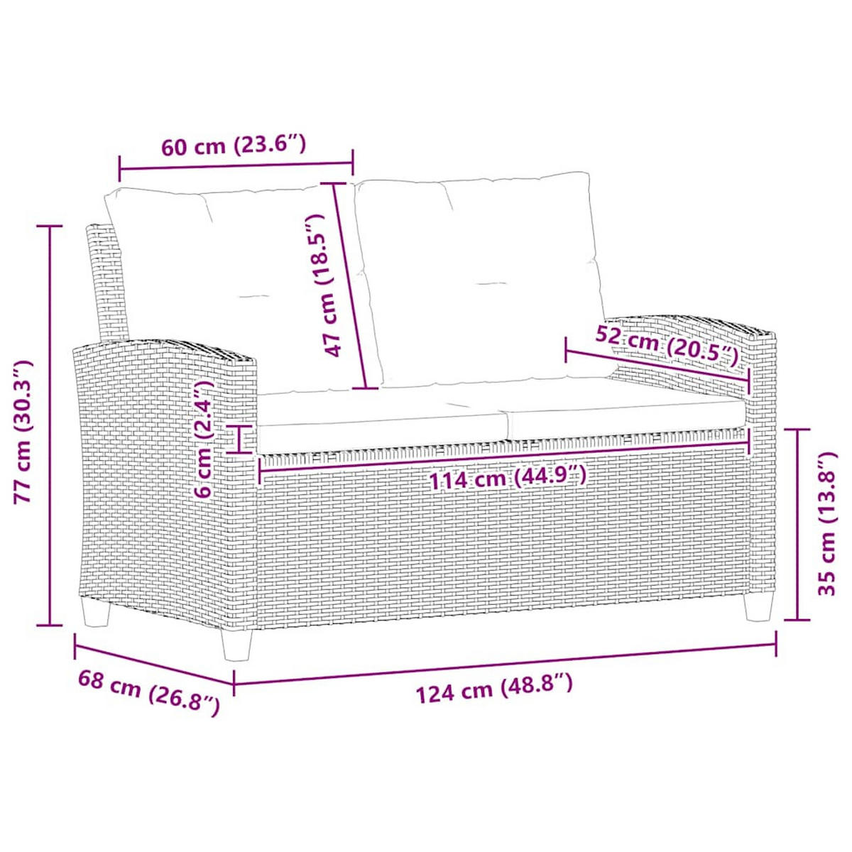 LOUNGESOFA mit Kissen, 2-Sitzer, 124/68/77 cm, aus Poly Rattan, Schwarz - Schwarz, Naturmaterialien/Textil (68/77/124cm) - vidaXL