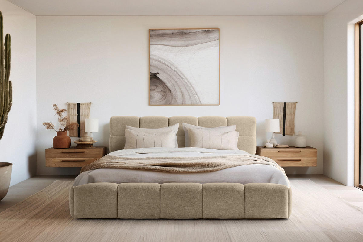 POLSTERBETT AERI 140/160/180/200 mit Rahmen und Bettkasten, beige - Beige, Holz/Holzwerkstoff (180/200cm) - KONSIMO®