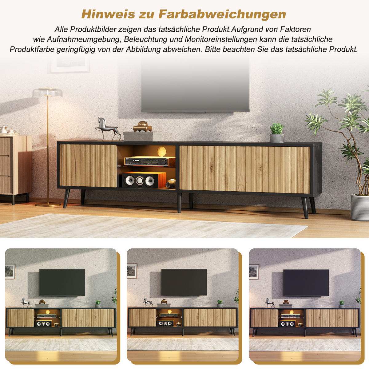 TV-LOWBOARD 175x31x43,5 cm Holz Schwarz LED 3 Schränke Stauraum - Naturfarben, Holzwerkstoff (31/43.5/175cm) - FLIEKS