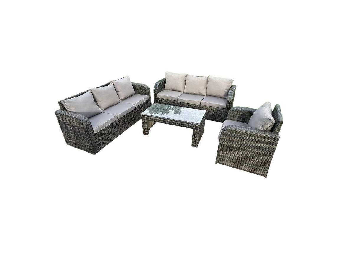 GARTENTISCHGRUPPE Polyrattan 7-Sitzer - Dunkelgrau/Grau, Glas/Kunststoff - Fimous