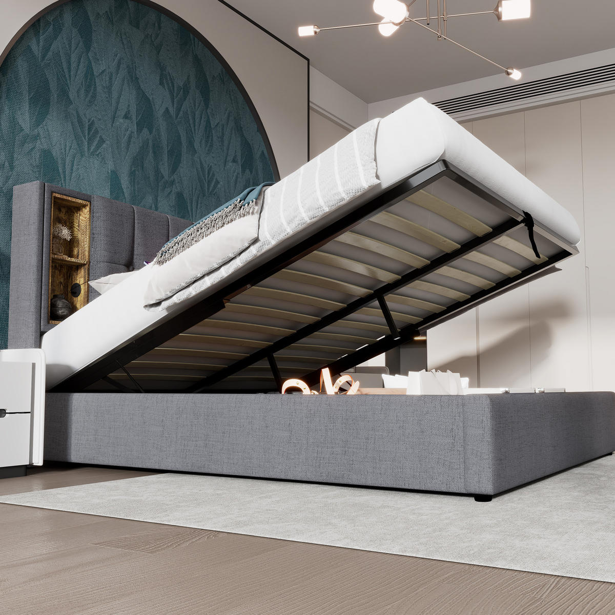 POLSTERBETT 160/200 cm mit Bettkasten, USB-C, kabellosem Laden und Matratze - Grau, Textil (160/200cm) - BEAOK