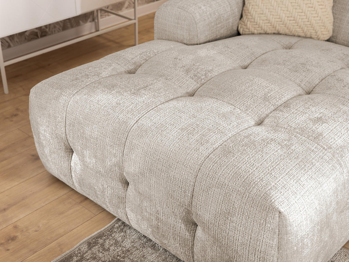 ECKSOFA inkl. Hocker Kozy im Bumpy-Design mit Schlaffunktion und fester Rückenlehne aus weichem Dunkelbeige Chenille-Stoff - Ottomane links - Beige/Schwarz, Holz/Kunststoff (161/234cm) - S-Style Möbel