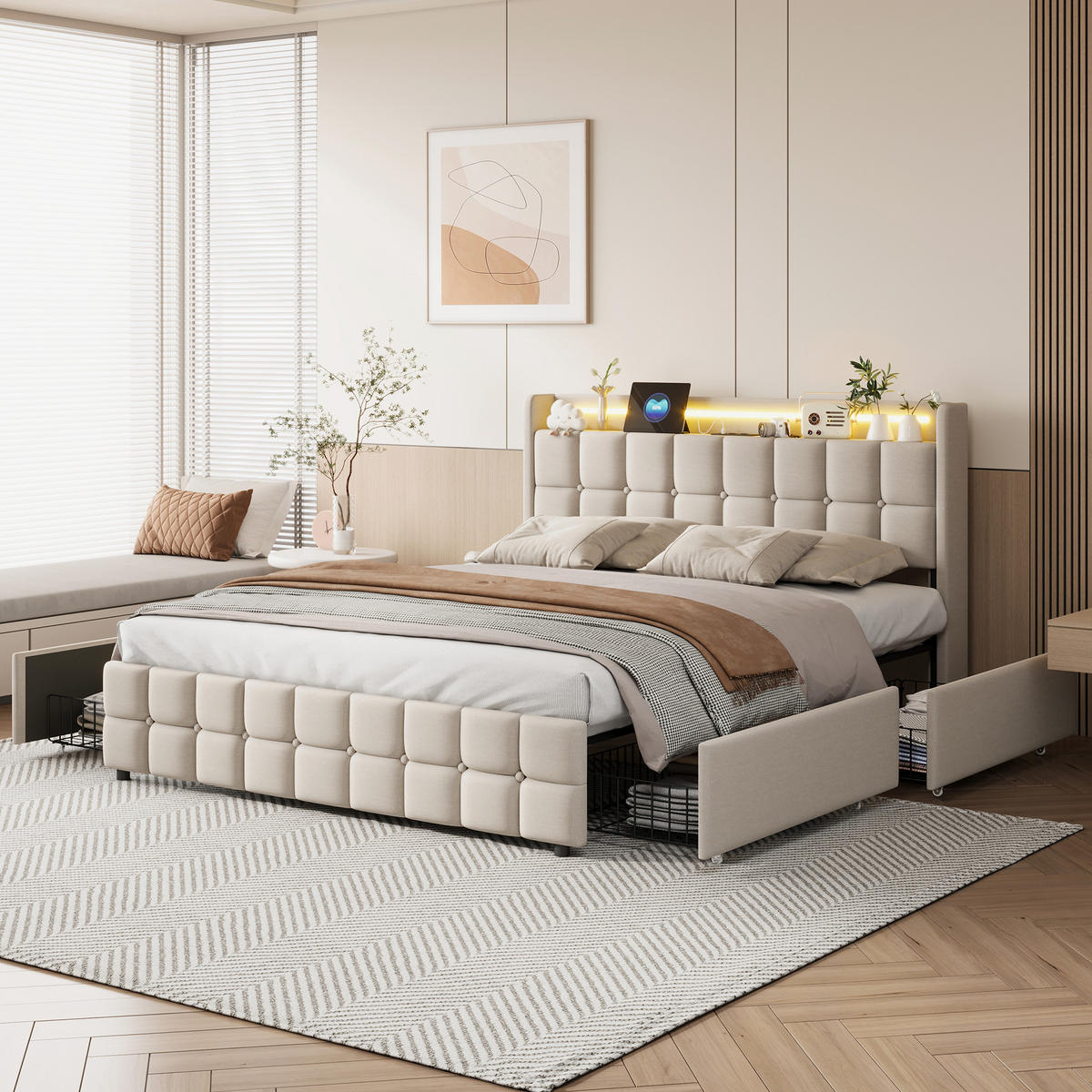 POLSTERBETT 180/200 cm,Doppelbett Beige mit 4 Schubladen und Lattenrost,Modernes Bettgestell - Beige/Naturfarben, Holz/Metall (180/200cm) - FURNISHINGS HOME