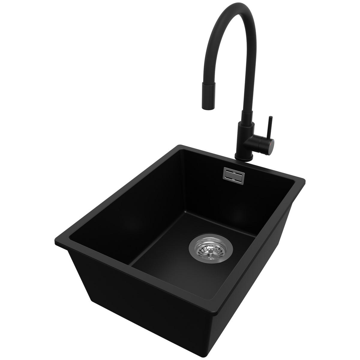 GRANITSPÜLE London Slim, 2-er set Schwarz 36/47 cm 1 Becken + Küchenarmatur 40/38 cm + Ablauf-Set ab 40er Unterschrank - Chromfarben/Schwarz, Kunststoff (36/20/47cm) - Primagran