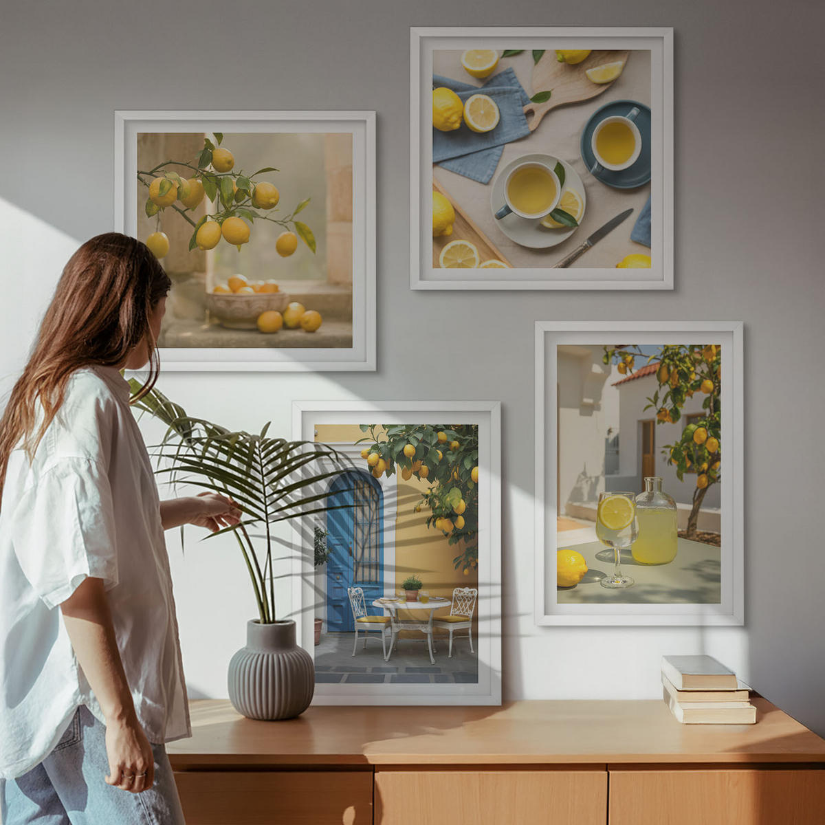 BILDER SET 4er Set - 50x50 cm & 40x60 cm Weißer Rahmen - Zitronenlimonade blaue Tür - Weiß, Kunststoff (50/50cm) - TULUP