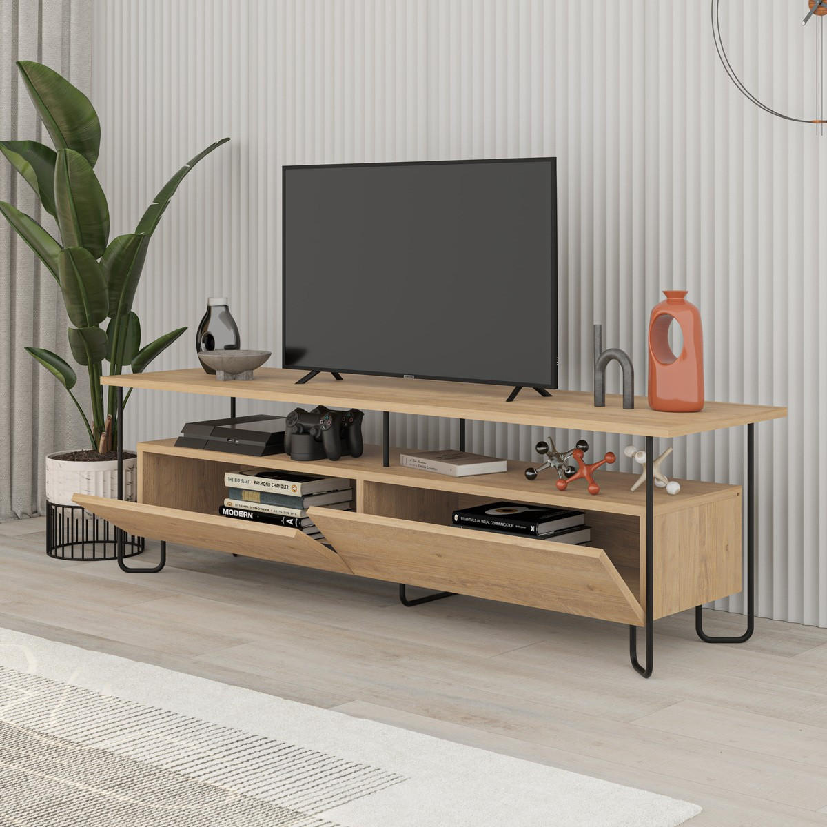 TV-MÖBEL 2 Türen mit Metallfüßen B150 cm - DILLY - Eichefarben, Holzwerkstoff (42/45/150cm) - Calicosy