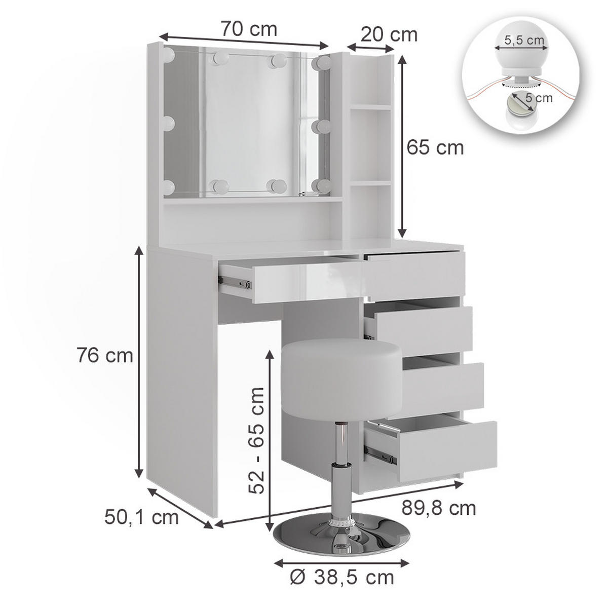 SCHMINKTISCH Sherry Weiß/Weiß Hochglanz 89.8 cm 5 Teile - Weiß Hochglanz, Holzwerkstoff (50.1cm) - Vicco