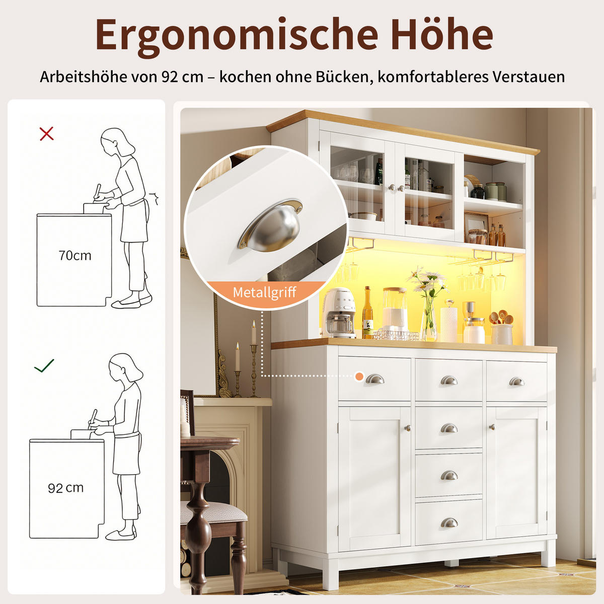 BUFFETSCHRANK 104/40/180 cm Weiß aus MDF mit LED-Lichtleiste - Weiß, Holzwerkstoff (104/180/40cm) - OKWISH