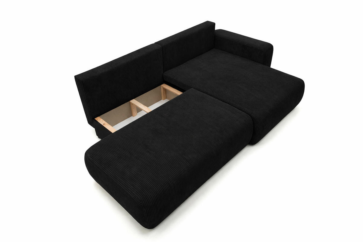ECKSOFA Mit Schlaffunktion Und Bettkasten, Cordstoff Poso, Schwarz, Rechts, OPEN XL - Schwarz, Holz (262/145cm) - Kaiser Möbel