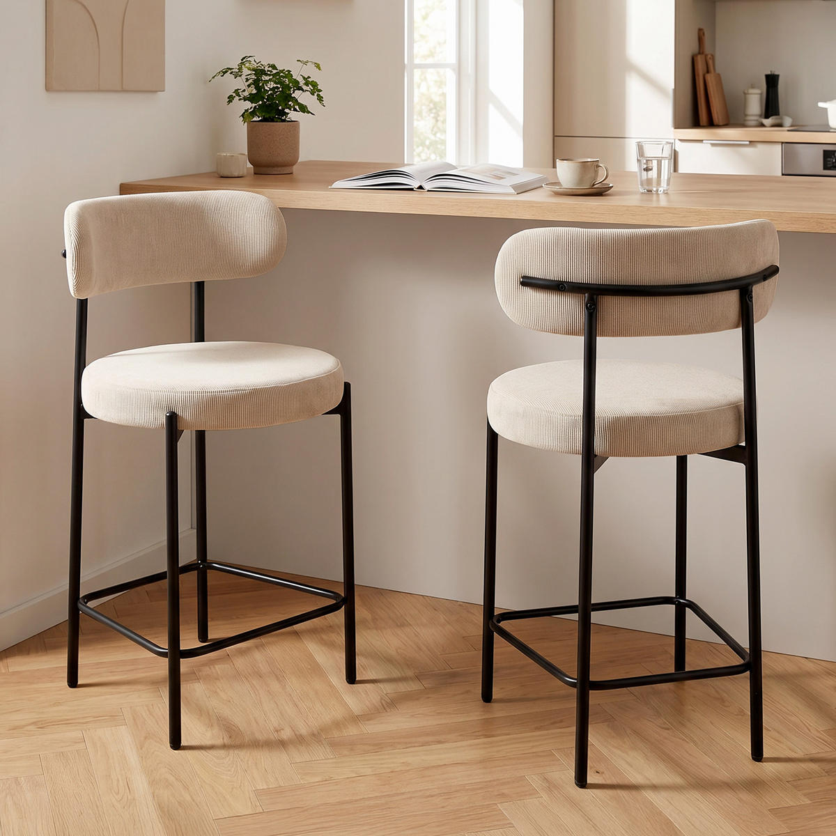 BARHOCKER 2er-Set H65cm, gepolstert aus beigem Cordsamt mit schwarzem Metallgestell IRIS - Beige/Schwarz, Textil/Metall (53.5/96/53cm) - Sicaan