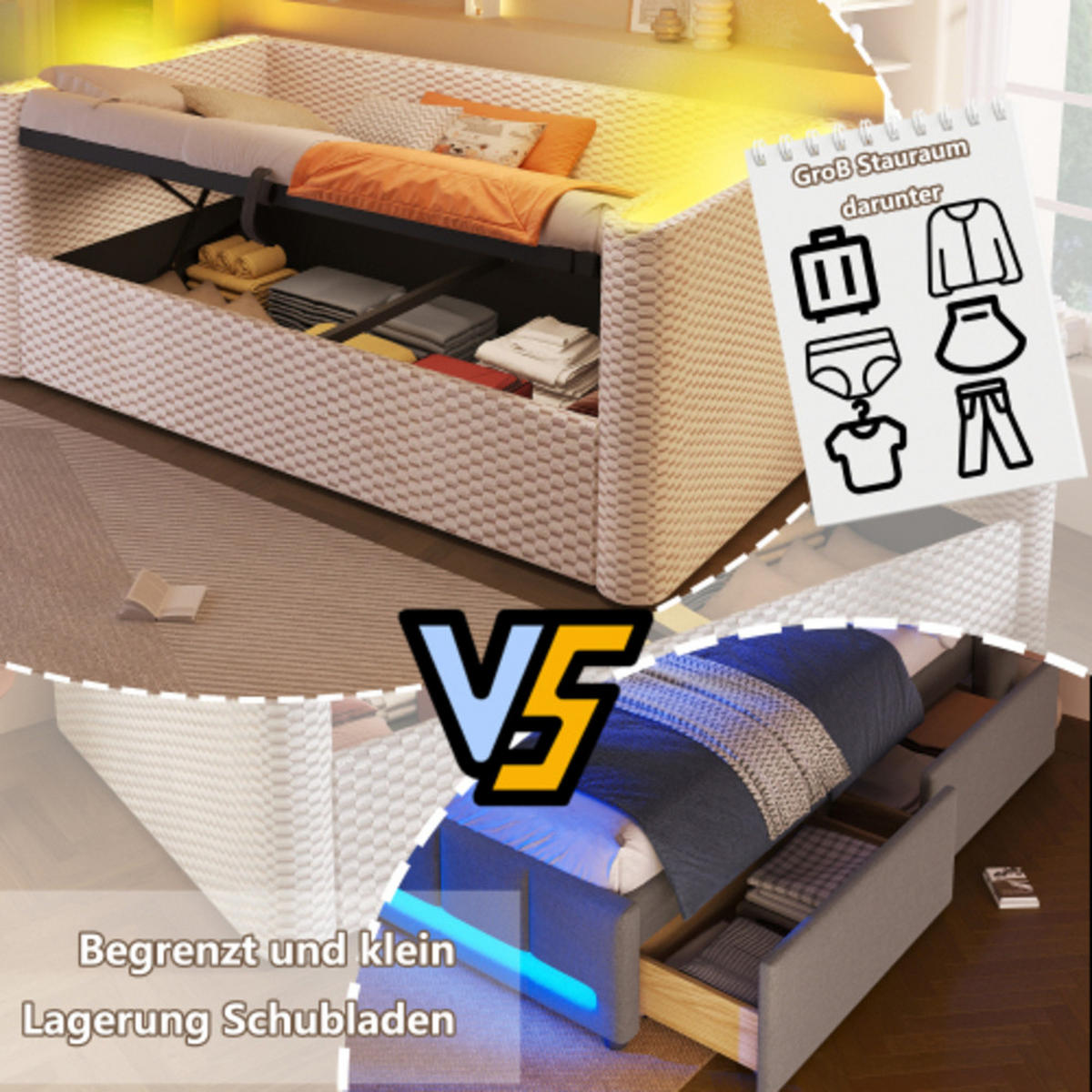 SCHLAFSOFA 90 × 200 cm aus Samt mit hydraulischem Stauraum und App-steuerbarer LED-Leiste, beige - Beige, Textil (104/64/228cm) - Luhomfu