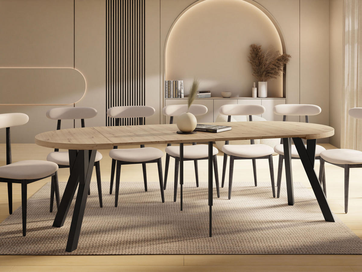 ESSTISCH Vero rund ausziehbar verlängerbar, Eiche Artisan Hellbraun 100-300/100/77 cm - Schwarz/Eiche Artisan, Holz/Holzwerkstoff (100/100/77cm) - WFL GROUP