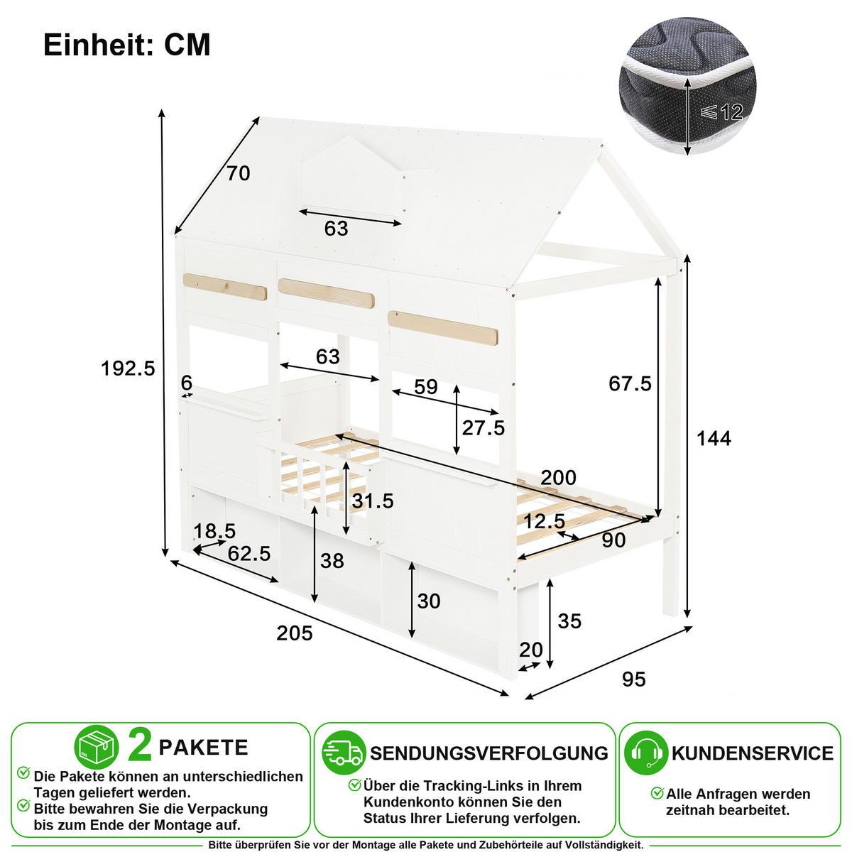 HOCHBETT 90/200 cm in Weiß mit Regal und Hausdesign - Weiß, Holz/Holzwerkstoff (90/200cm) - CHICFURN