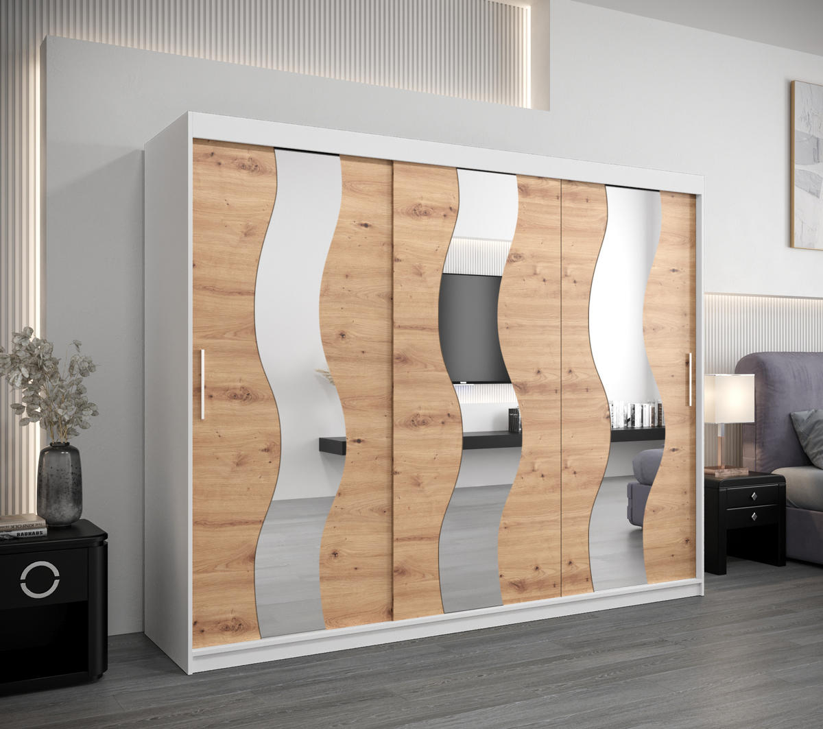 SCHWEBETÜRENSCHRANK 200/250/62 2-türig - Silberfarben/Weiß, Holz/Kunststoff (250/200/62cm) - Abiks Möbel