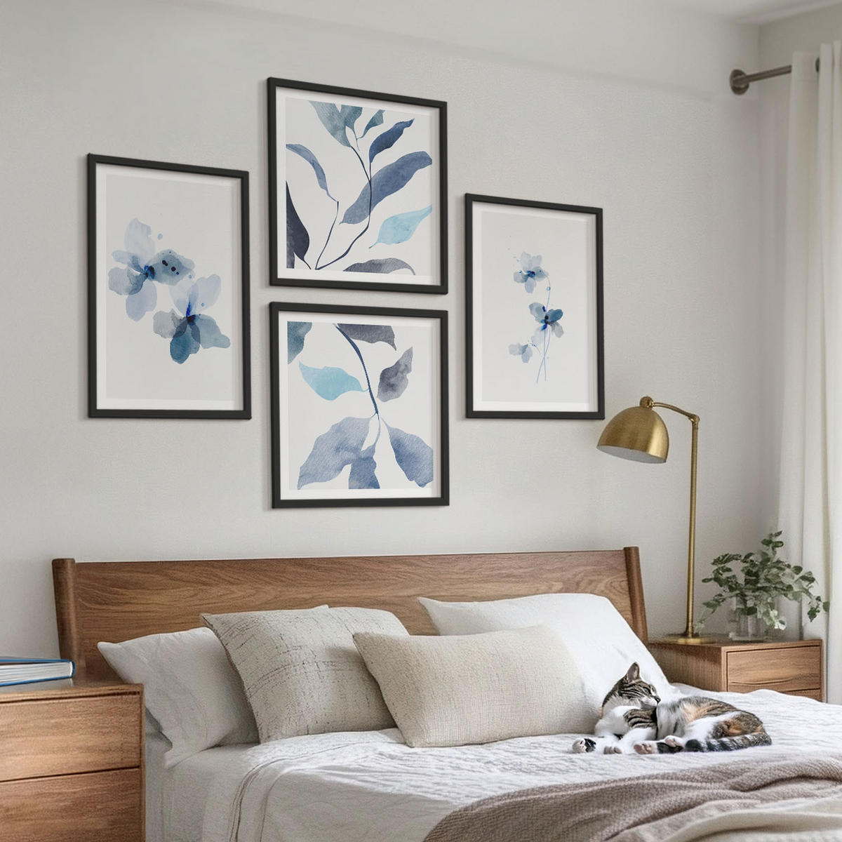 BILDER SET 4er Set - 50x50 cm & 40x60 cm Schwarzer Rahmen - Minimalistische blaue Blumen - Schwarz, Kunststoff (50/50cm) - TULUP