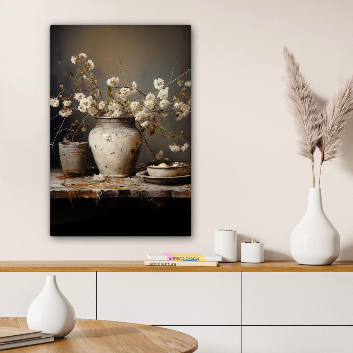 LEINWANDBILD Stilleben - Blumen - Blumenstrauß - Vase - Wein Wanddeko Schlafzimmer 60x90 cm - Schwarz, Textil (60/90cm) - MuchoWow