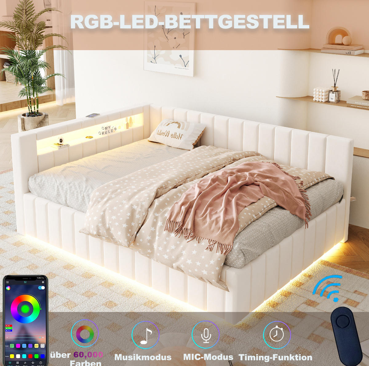 ČALOUNĚNÁ postel 140/200 cm sametová béžová s LED, USB portem a úložným prostorem - béžová, textil (140/200cm) - Modenvie