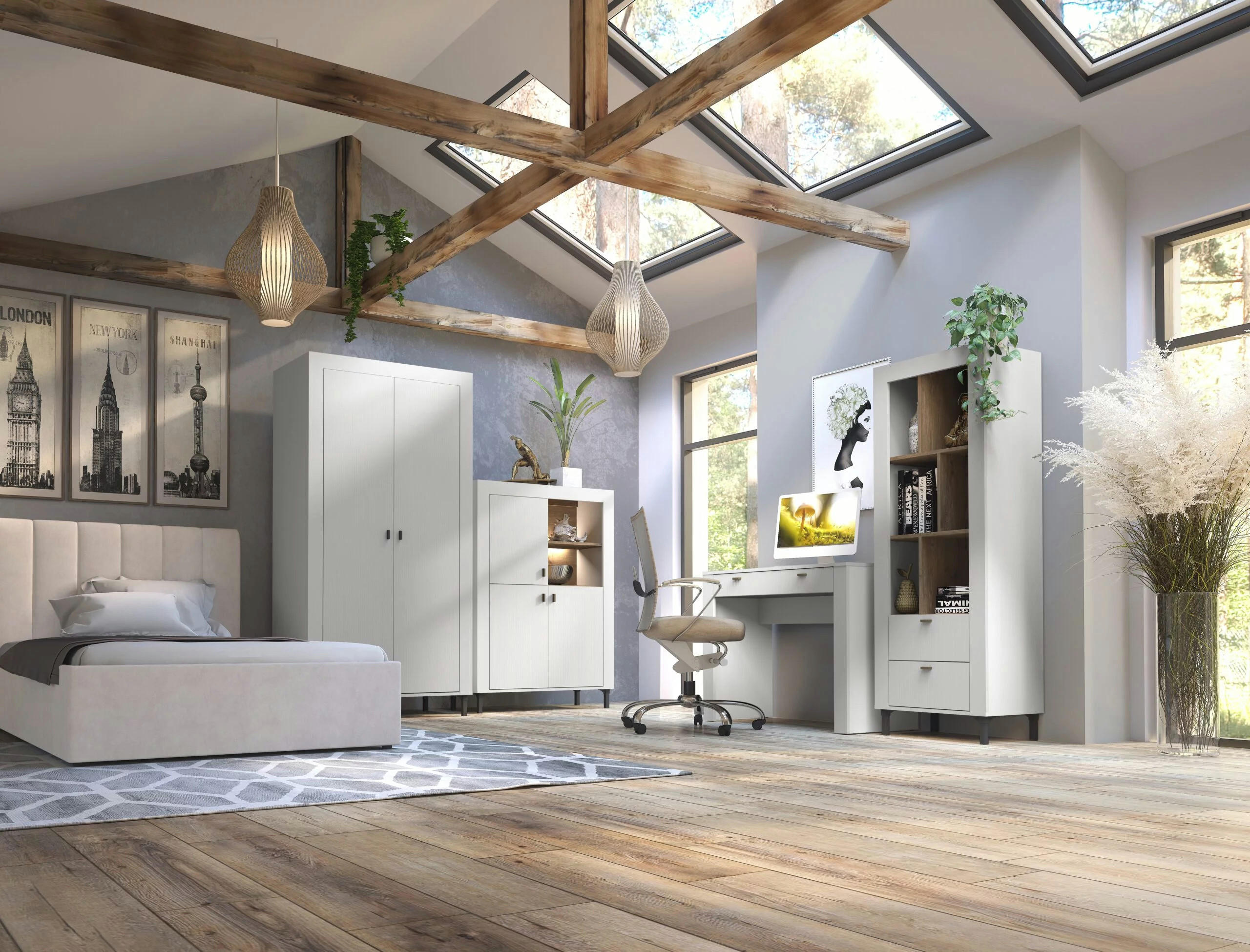 JUGENDZIMMER Mossa in Weiß & Eiche Whisky 5 teilig mit Polsterbett 120er Breite, Kleiderschrank Schreibtisch Highboard und Regal - Weiß, Holzwerkstoff (80/200/120cm)