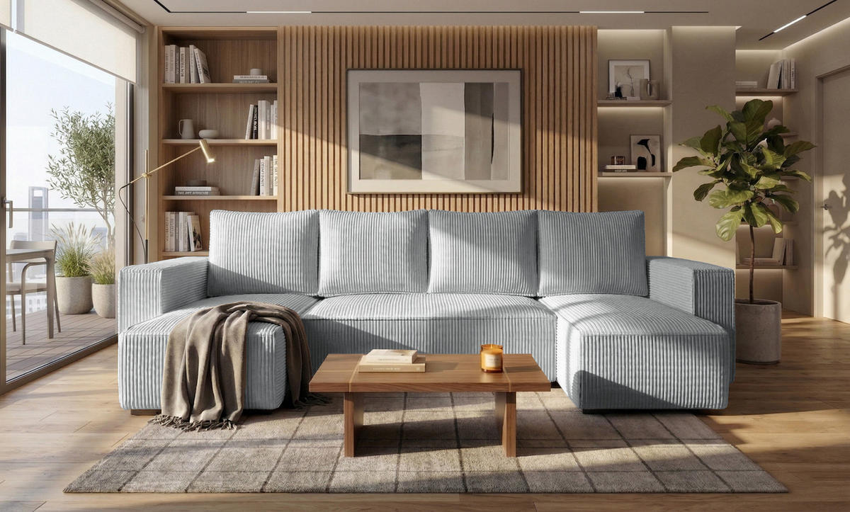 WOHNLANDSCHAFT CUDDY Umit Schlaffunktion und Bettkasten, Farbe: Grau, Cordstoff - Grau, Textil (305/85/140cm) - Storez24