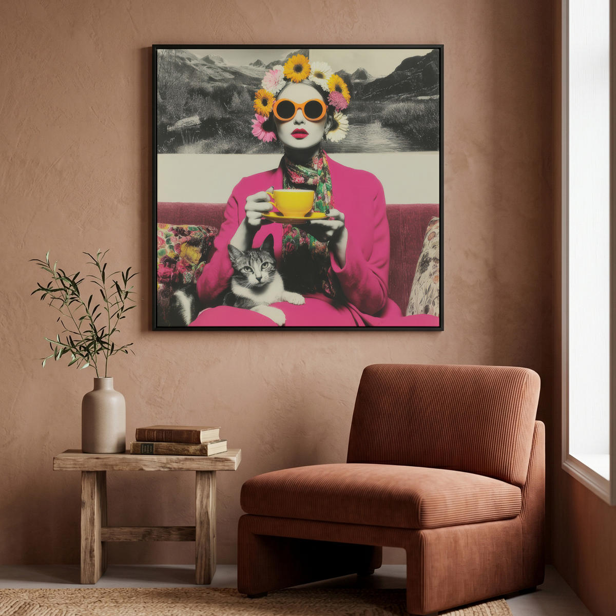 LEINWAND Bilder mit Rahmen - Frau - Katze - Blumen - Tasse - Retro - 90x90 - Magenta, Textil (90/90cm) - MuchoWow