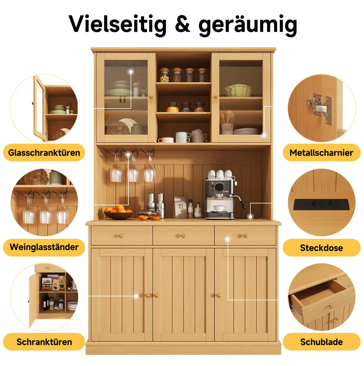 BUFFETSCHRANK aus Spanplatte 120x40x191 cm Naturfarben mit Glastüren, Gläserhalter und Steckdosen - Naturfarben, Holzwerkstoff (120/191/40cm) - IVMEU