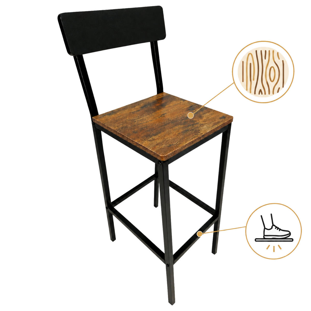 BARTISCH mit 2 Barstühlen mit Rückenlehne 3-teiliges Set Industrial Rustikal Braun Schwarz 108x50x90 cm - Dunkelbraun/Schwarz, Holzwerkstoff/Metall (108/90/50cm) - Begryf