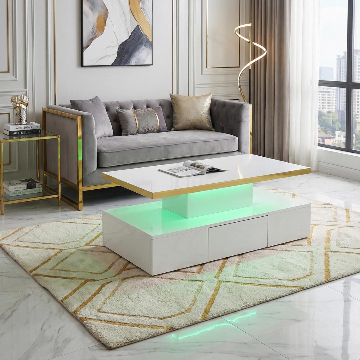 COUCHTISCH in Hochglanz mit LED-Beleuchtung - Weiß, Holzwerkstoff (50/100/38.5cm) - Urban Meuble