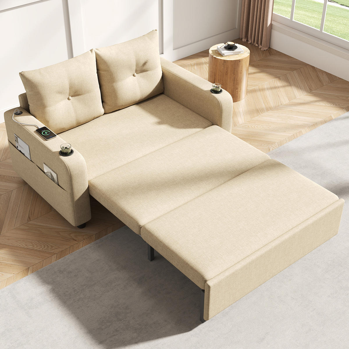 SCHLAFSOFA DE-33179 3-in-1 ausziehbar mit USB und Getränkehalter Beige - Beige, Metall (131/94/81cm) - ComfortXL