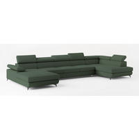 WOHNLANDSCHAFT MONTIVA Grün Boucle-Stoff mit Schlaffunktion - Grün, Holz (410/89/190cm) - MASSENO