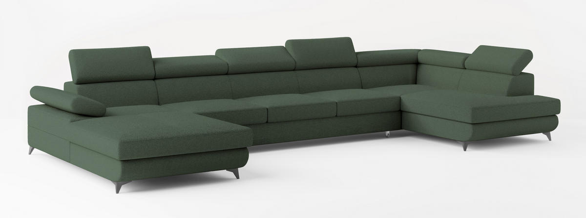 WOHNLANDSCHAFT MONTIVA Grün Boucle-Stoff mit Schlaffunktion - Grün, Holz (410/89/190cm) - MASSENO