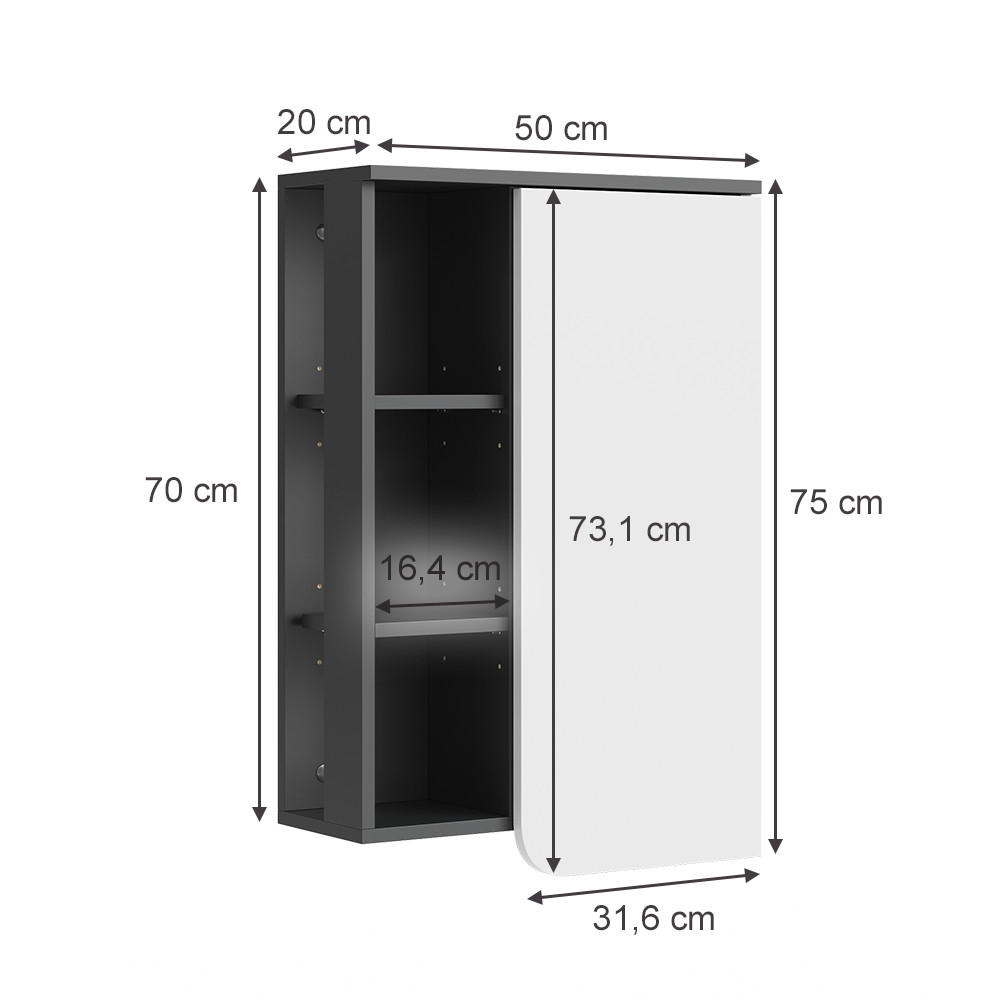 BADSCHRANK Karen Anthrazit/Weiß 50 x 75 cm mit Tür und offenen Fächern - Anthrazit/Weiß, Holzwerkstoff (50/75/20cm) - Vicco