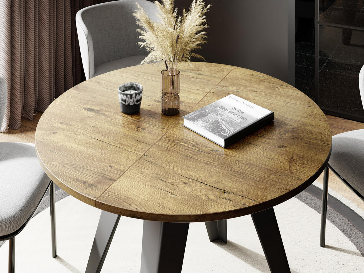 ESSTISCH Glory runder ausziehbarer, Lancelot Eiche 90-130/100/76 cm - Eichefarben/Schwarz, Holzwerkstoff/Metall (90/90/76cm) - WFL GROUP