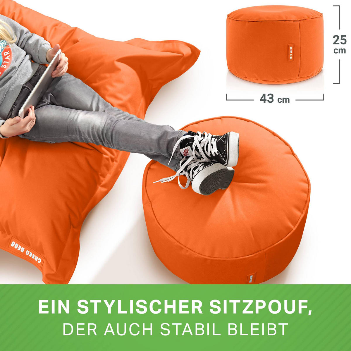 SITZSACK-HOCKER Pouf "Stay" 45x25cm - Orange, Textil (45/25/45cm) - Green Bean