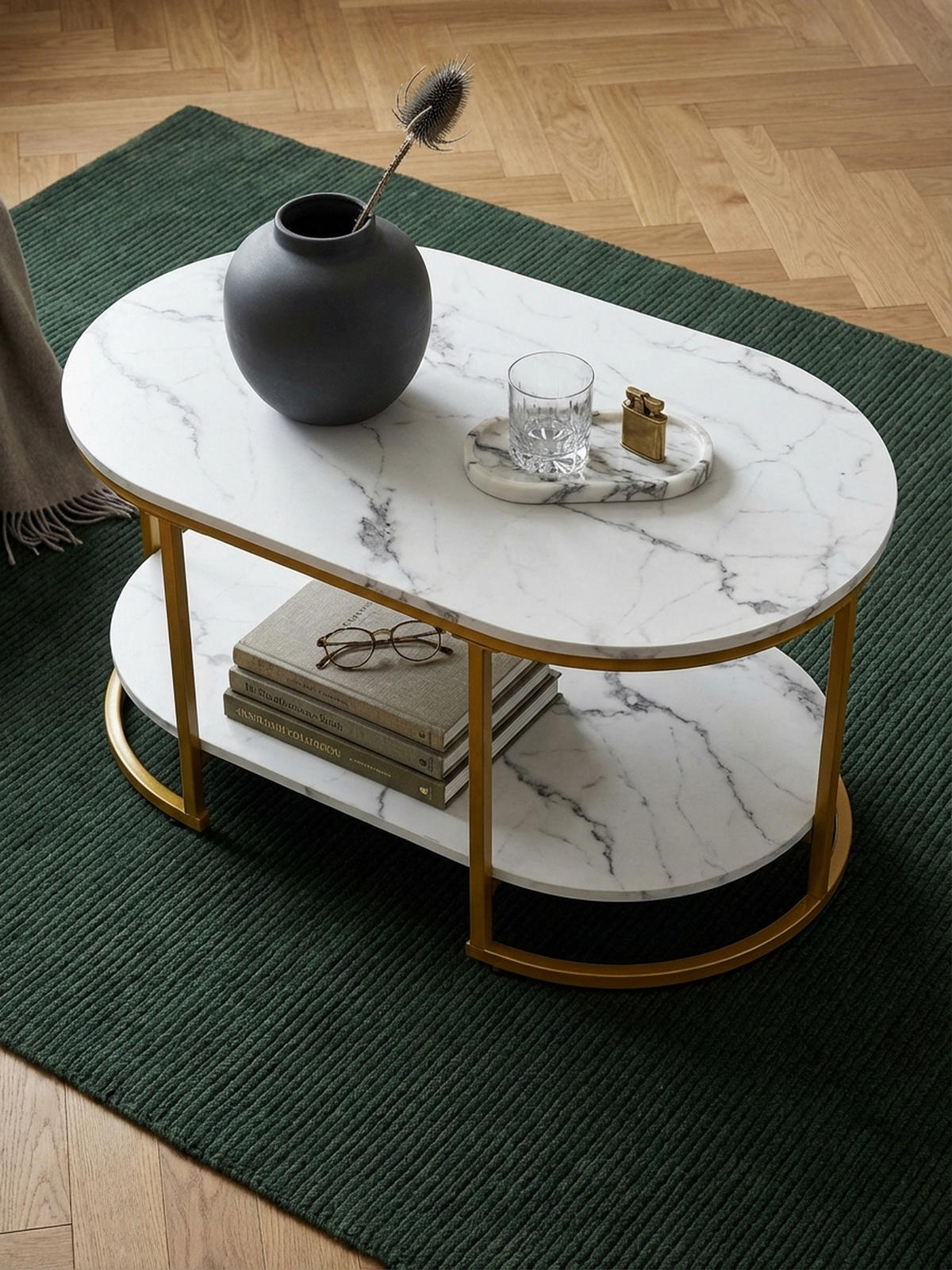 COUCHTISCH mit Marmor Optik, rechteckig, Ablage, goldenes Metallgestell, Weiß 100x60x45 cm - Goldfarben/Weiß, Holzwerkstoff/Metall (60/100/45cm) - KADIMA DESIGN