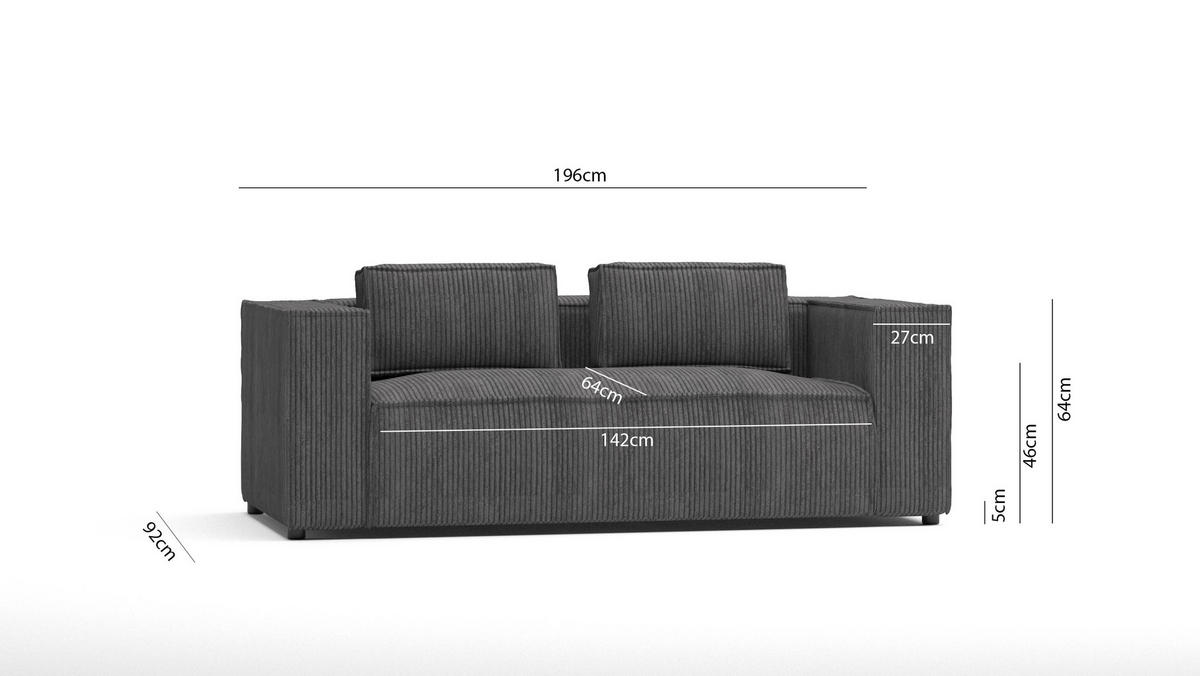 2-SITZER-SOFA Nova Grau Cord - Schwarz/Grau, Holz/Kunststoff (196/64/92cm) - S-Style Möbel