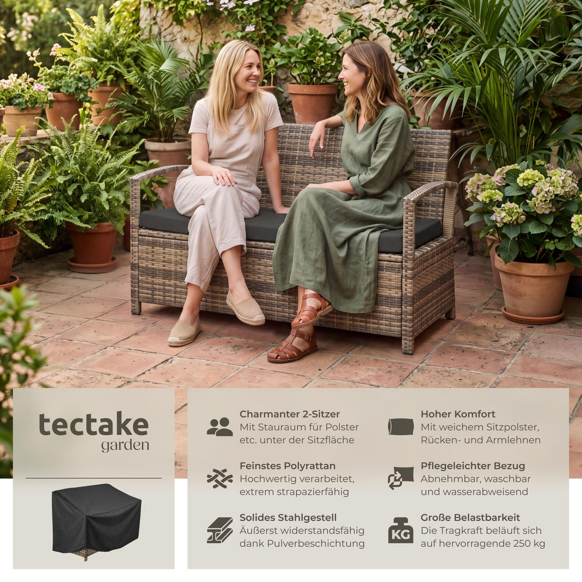 RATTAN-GARTENBANK Vecchia, 128 x 56 x 77,5 cm, inklusive Schutzhülle, natur - Naturfarben, Kunststoff (128/77.5/56cm) - tectake