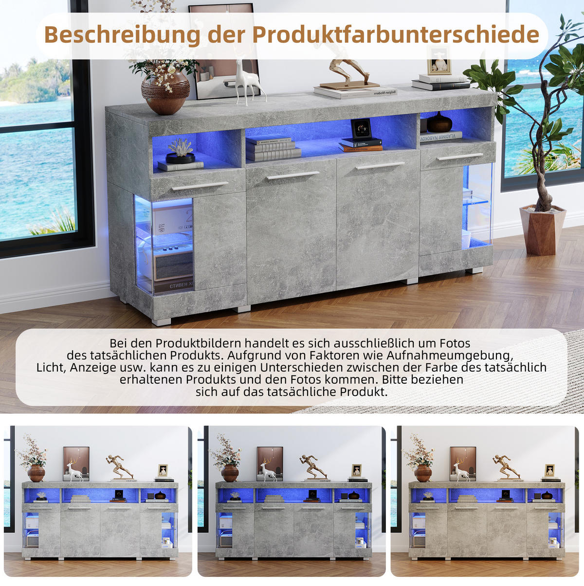 SIDEBOARD 140/40/70 cm in Zementgrau mit LED-Beleuchtung und Glastüren - Grau, Holzwerkstoff (140/70/40cm) - Flora Grace