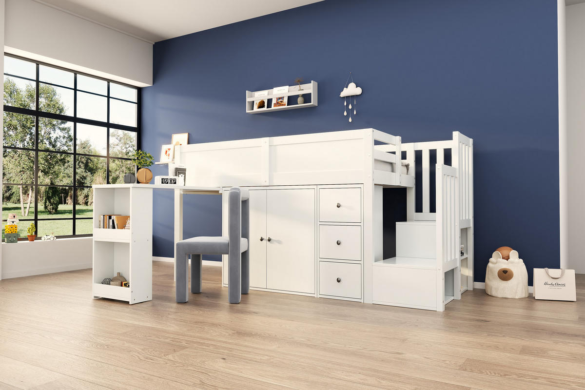 HOCHBETT 90/200 cm in Weiß mit Schreibtisch, Schrank und Schublade MDF - Weiß, Holzwerkstoff (90/200cm) - CHICFURN