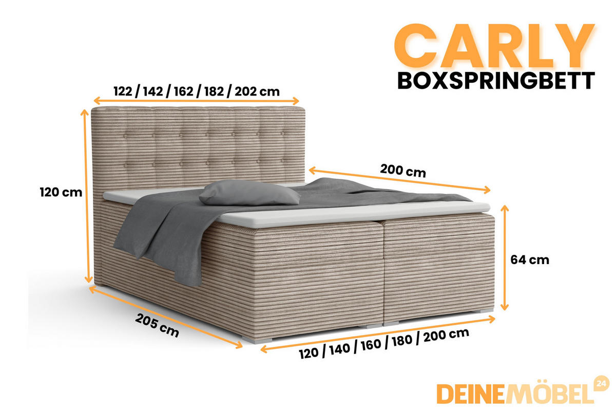 BOXBETT CARLY 180/200 in Cord Beige mit Taschen-Federkernmatratzen 7 Zonen H4 - Beige, Holz/Holzwerkstoff (180/200cm) - Deine Möbel 24