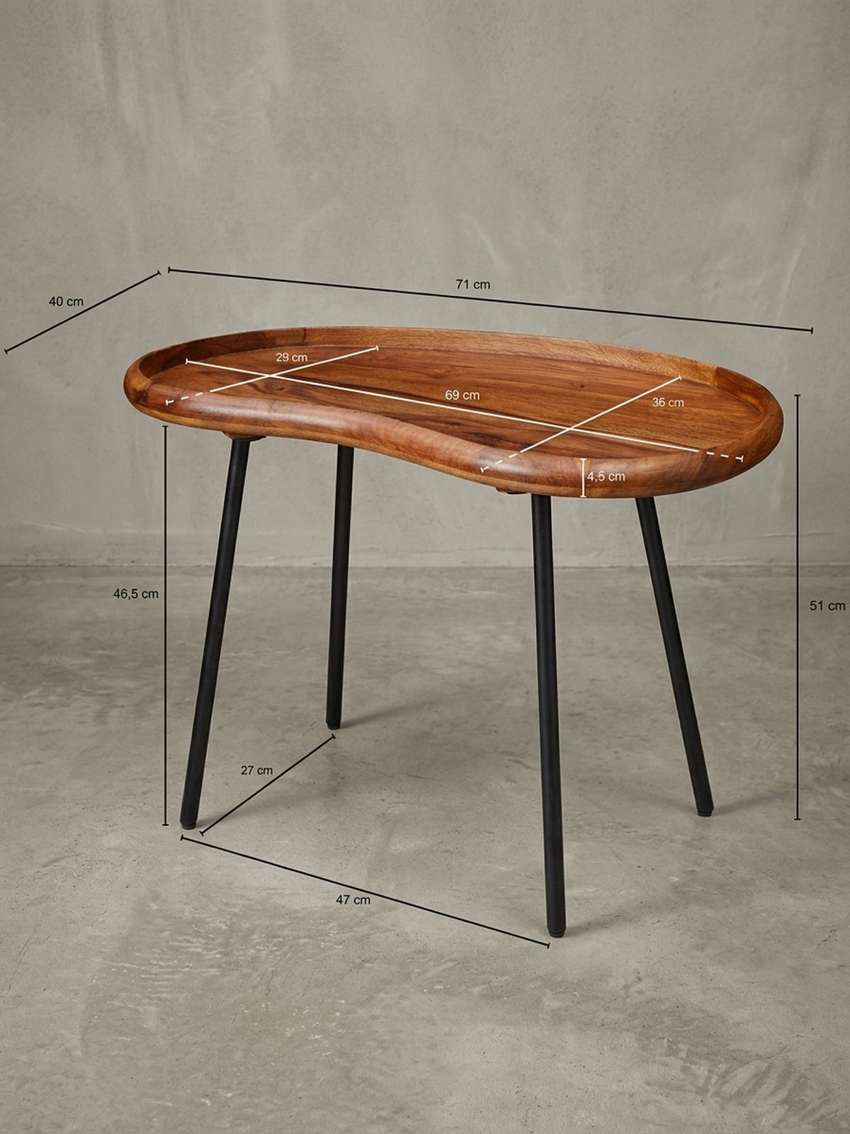 COUCHTISCH Massivholz mit Metallbeinen, Nierenform, Handgefertigt, Braun 71x40x51 cm - Schwarz/Braun, Holz/Metall (40/71/51cm) - KADIMA DESIGN