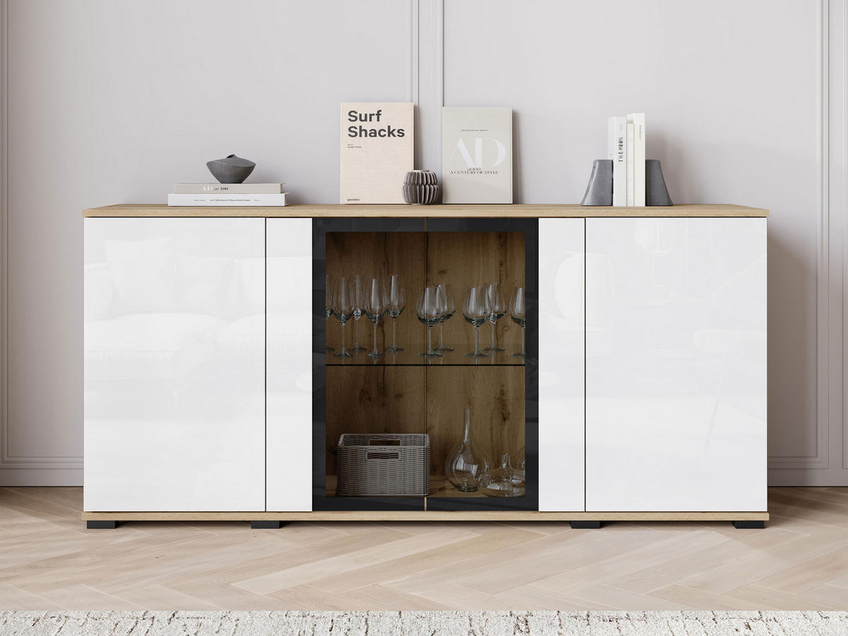 KOMMODE Caro SB 154 4D - Eiche Wotan/Schwarz, Holzwerkstoff/Kunststoff (150/70/40cm) - MIRJAN24