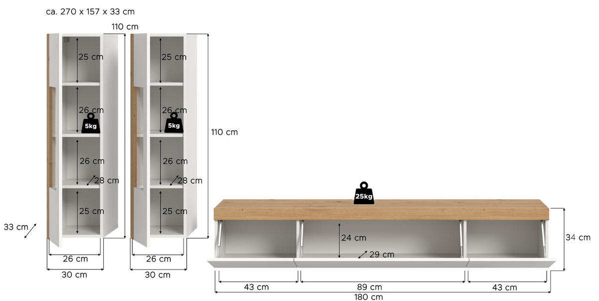WOHNWAND 3-teilig weiß und Eiche 270 cm, Schrankwand stehend/hängend - Schwarz/Weiß, Glas/Holzwerkstoff (270/181/33cm) - Inn.Furn