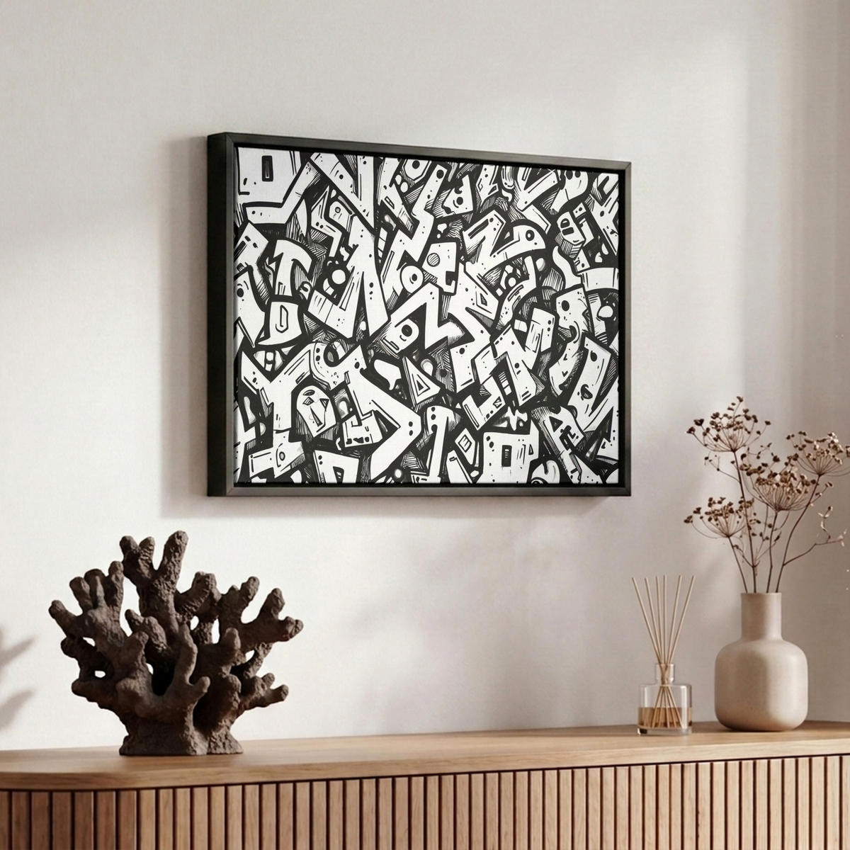 LEINWAND Bilder mit Rahmen - Formen - Buchstaben - Graffiti - Schwarz - 30x20 - Schwarz, Textil (30/20cm) - MuchoWow
