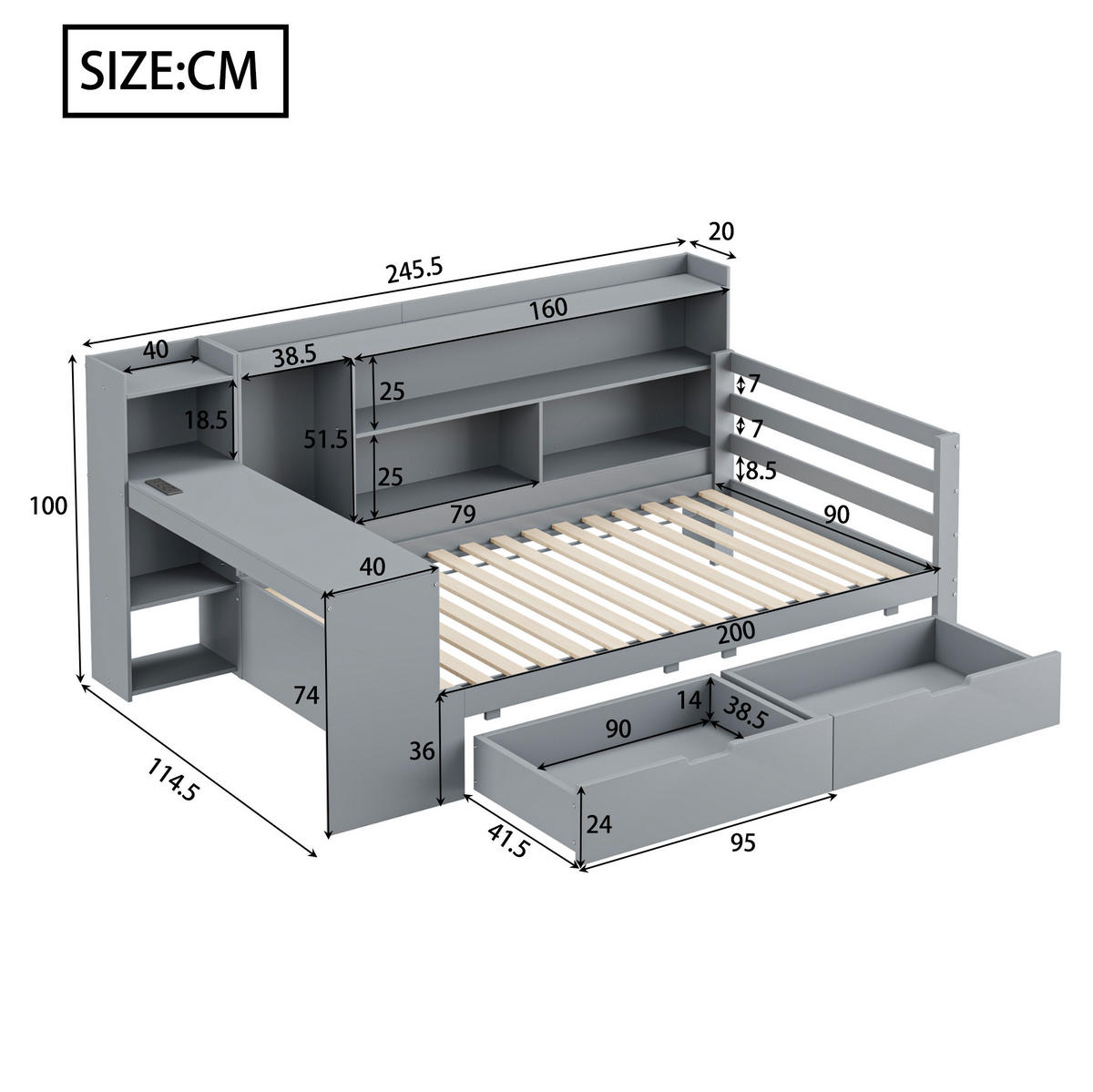 BETT aus 90x200 cm Grau mit Schreibtisch, Regalen, USB-Anschluss und 2 Schubladen - Grau, Holzwerkstoff (90/200cm) - Modfu