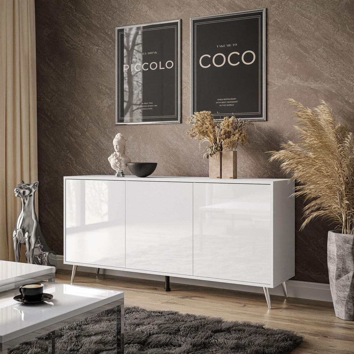 SIDEBOARDS SANAYI auf verchromten Beinen, Hochglanz Weiß/Verchromte Beine - Weiß, Holzwerkstoff (154/73/40cm) - Lookway