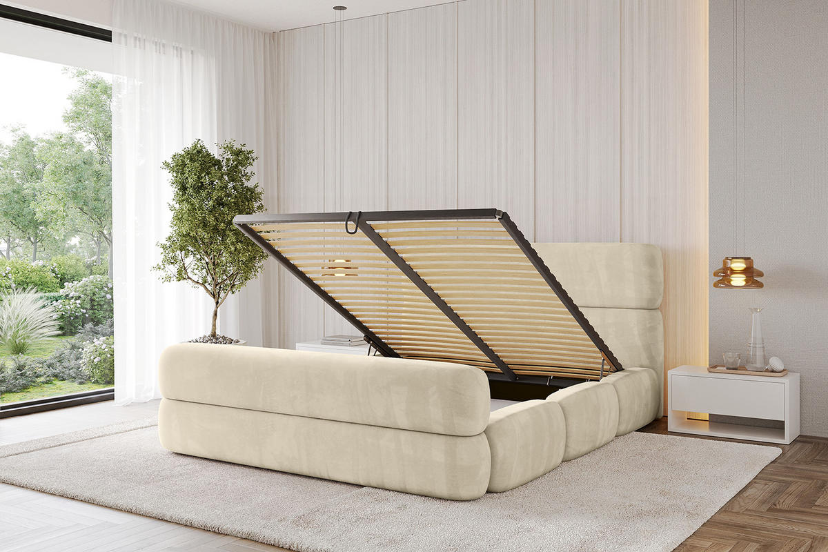 POLSTERBETT mit Bettkasten, Fußteil und Lattenrost, Bett mit Matratze H3/H4 - ELVA-Z 180x200 Beige - Ecru, Holzwerkstoff/Textil (180/200cm) - ALTDECOR