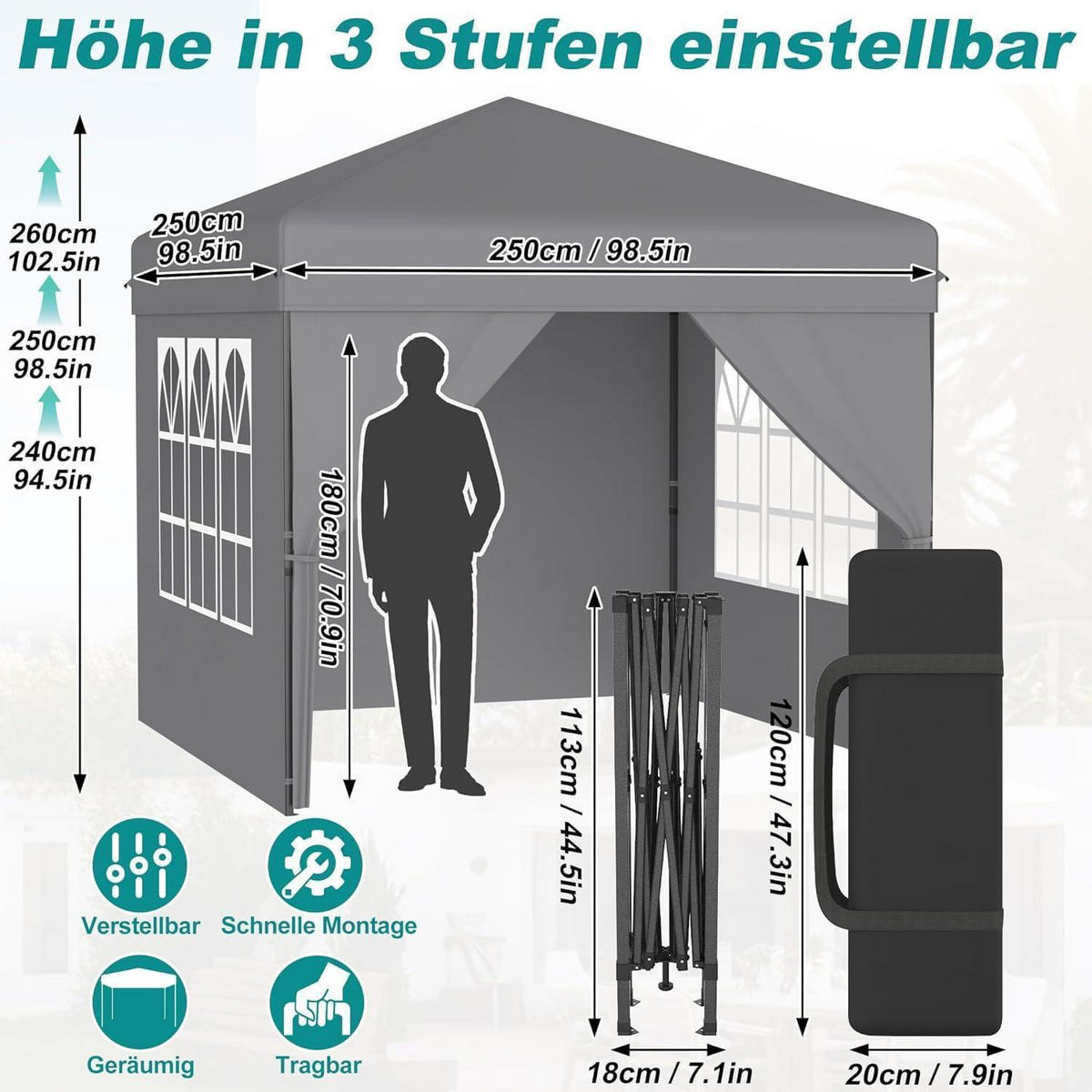 FALTPAVILLON 2,5 x 2,5 m Silbergrau mit Seitenwänden - Grau, Textil (250/260/250cm)