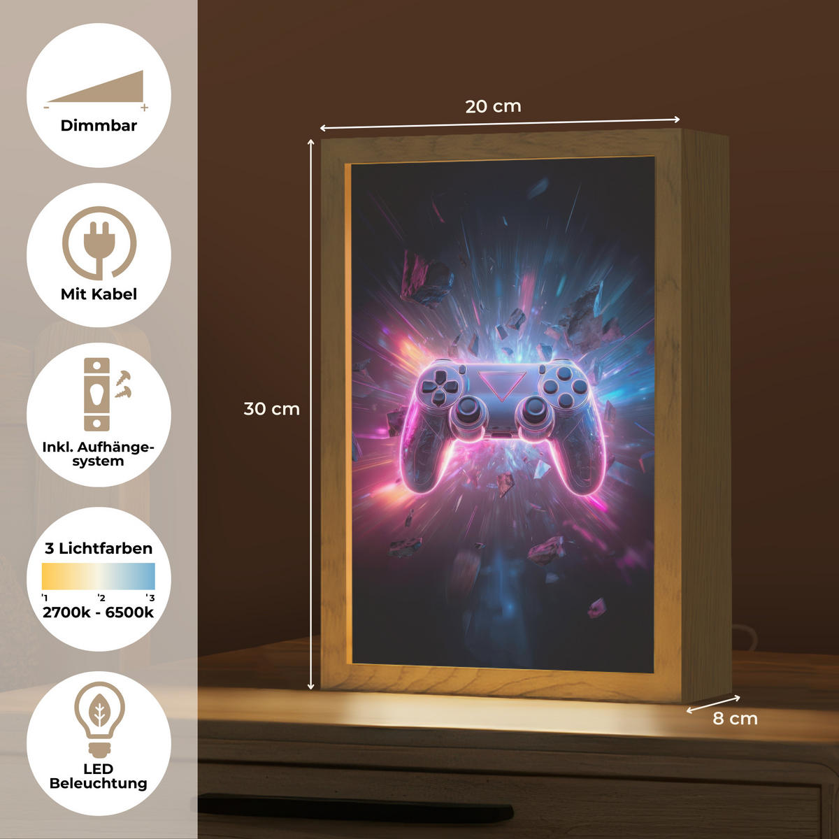 NACHTTISCHLAMPE Controller - Neon - Explosion - Abstrakt 20x30 cm - Violett, Holzwerkstoff (8/20/30cm)